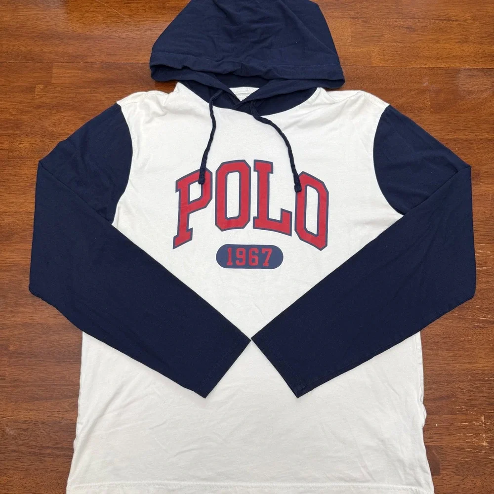 Polo Ralph Lauren Hoodie Mens Size Medium White Navy Blue Long Sleeve 1967 Shirt